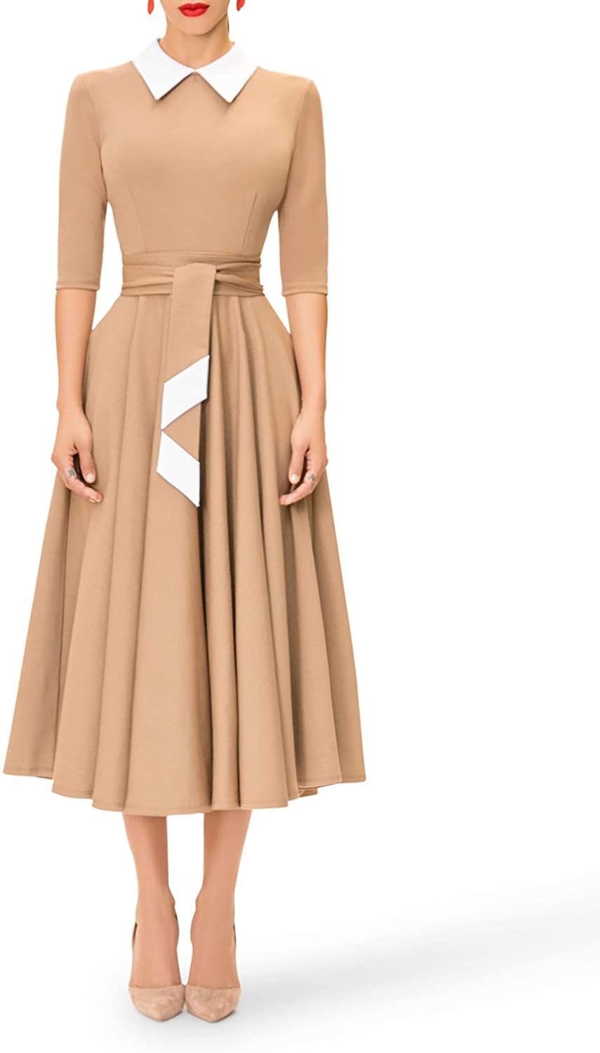 Price:$24.99 Women Casual Swing Dress Contrast Collar Half Sleeve Pleated Midi A Line Dress at Amazon Women’s Clothing store