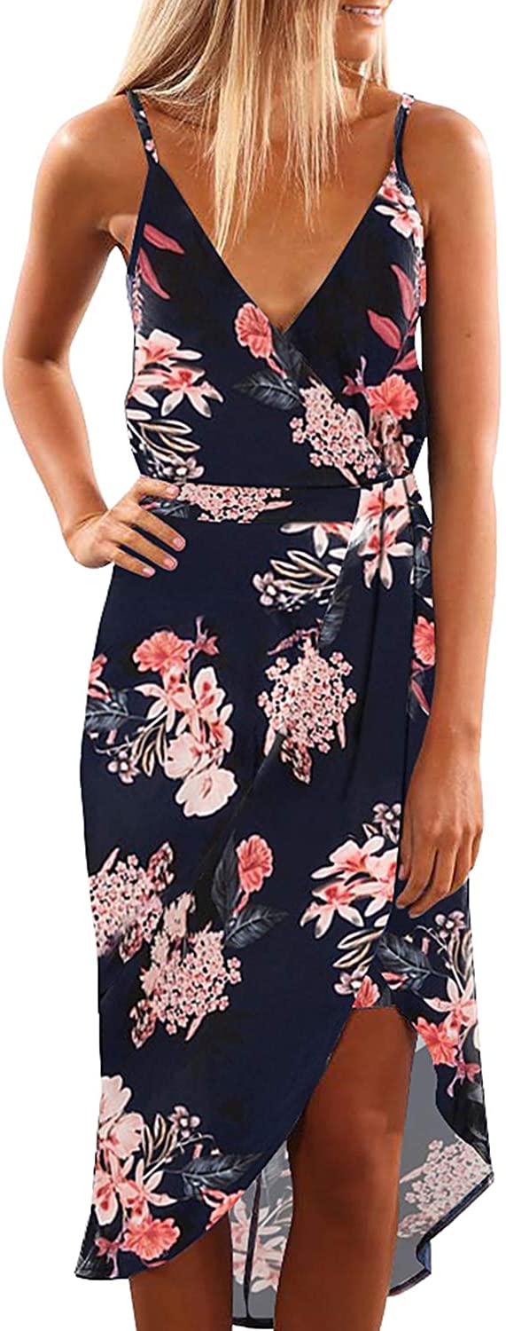 Price:$29.99 Asvivid Womens Summer Floral Printed Wrap V Neck Spaghettic Strap Split Casual Beach Dress with Belt at Amazon Women’s Clothing store