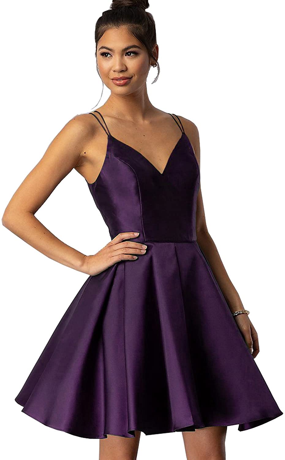 Price:$69.99    Women's Spaghetti Straps V-Neck A-line Satin Short Prom Homecoming Dress Formal Evening Gown Size 4 Plum  Clothing