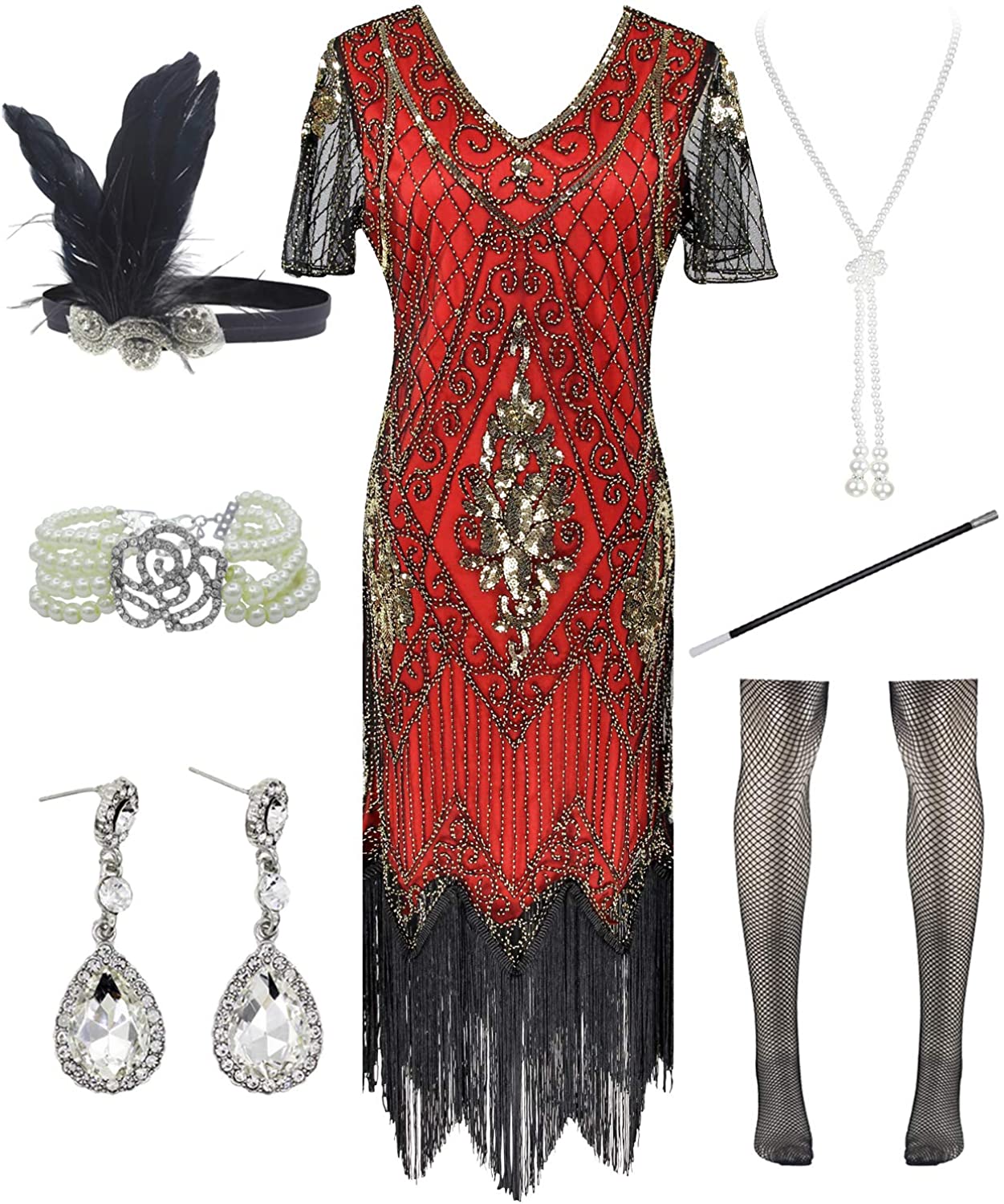 Price:$46.00 Women Halter V-Neck Sequins Tassel 1920s Flapper Inspired Party Dance Dress with 20s Gatsby Accessories Set at Amazon Women’s Clothing store