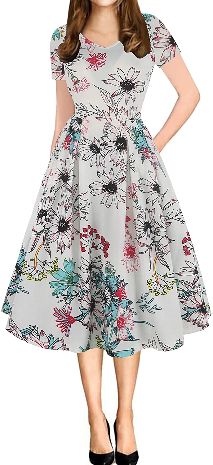 Price:$19.99 Sakaly Women's Elegant Printed Tunic Work Wear V Neck Pocket A Line Swing Business Dress SK295 at Amazon Women’s Clothing store