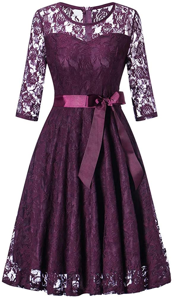 Price:$13.39    Dresses for Women Vintage Scoop Neck Floral Lace 3/4 Sleeve A-line Pleated Wing Cocktail Dress (2XL, Purple 3)  Clothing