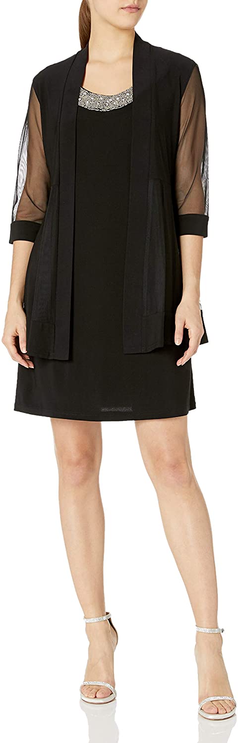 Price:$56.73    R&M Richards Women's 2 Piece Mesh Panel Beaded Neck Jacket Dress Petite  Clothing