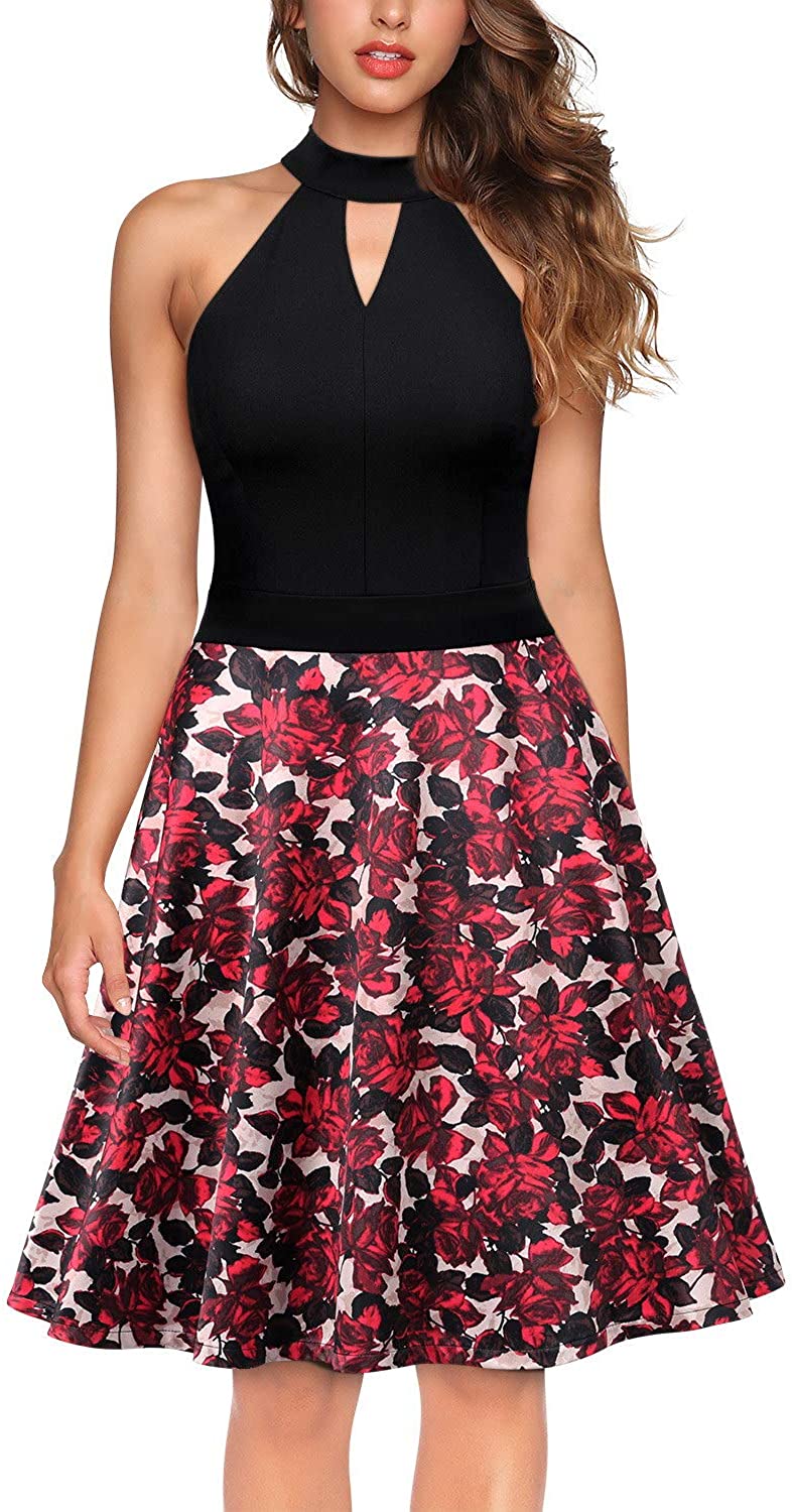 Price:$19.99 Knitee Women's Halter Neck Off The Shoulder Vintage Cocktail Party Fit and Flare Floral Dress at Amazon Women’s Clothing store