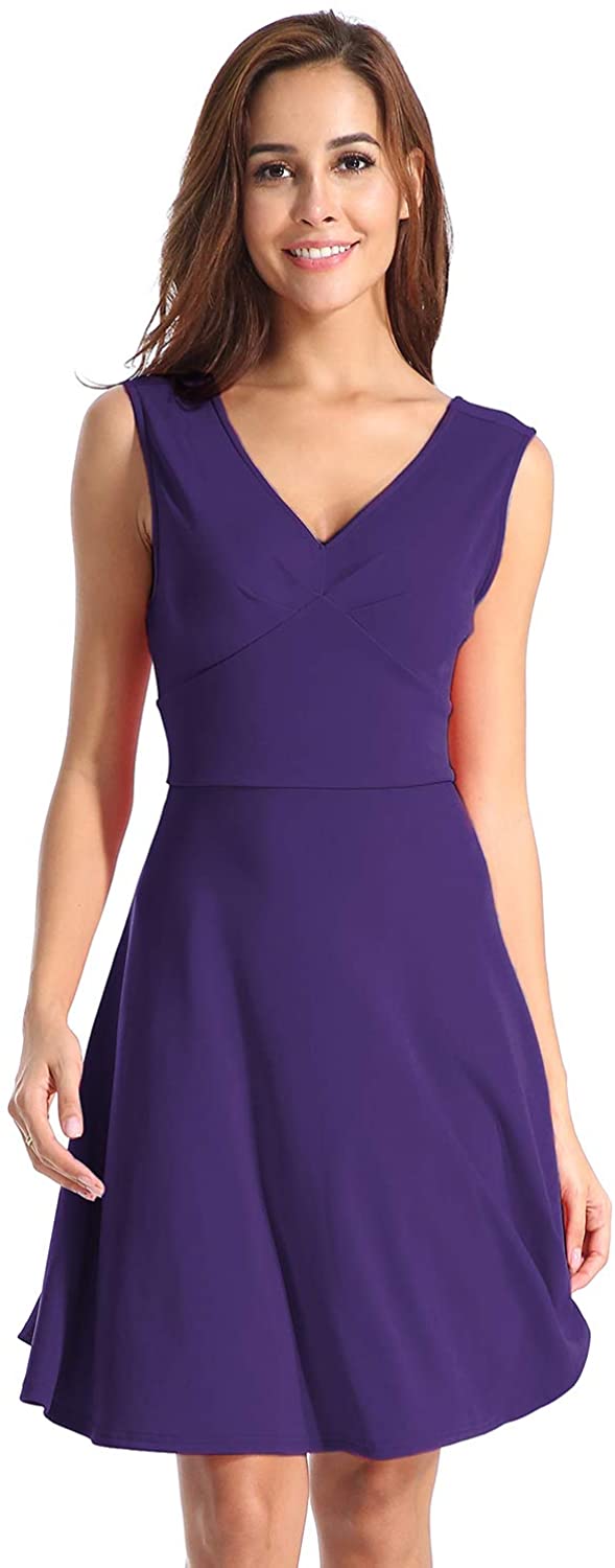 Price:$8.99 color cosplayer Women's V Neck V Back A Line Dresses Elegant Sleeveless Fit Flare Swing Tank Dress at Amazon Women’s Clothing store