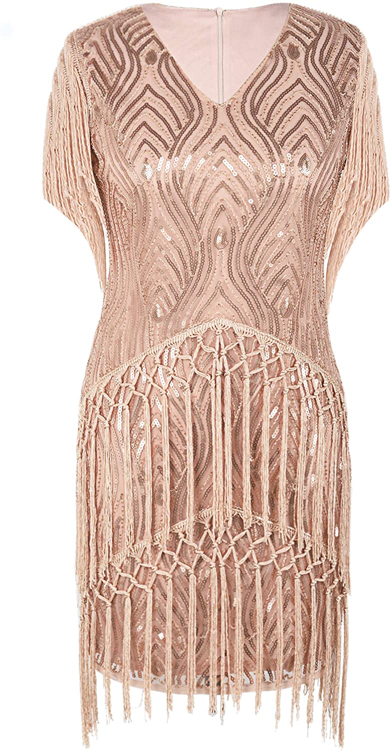 Price:$35.99    PrettyGuide Women's Flapper Dress Sequin Fringed Sleeve Vintage Cocktail Dress S Rose Gold  Clothing