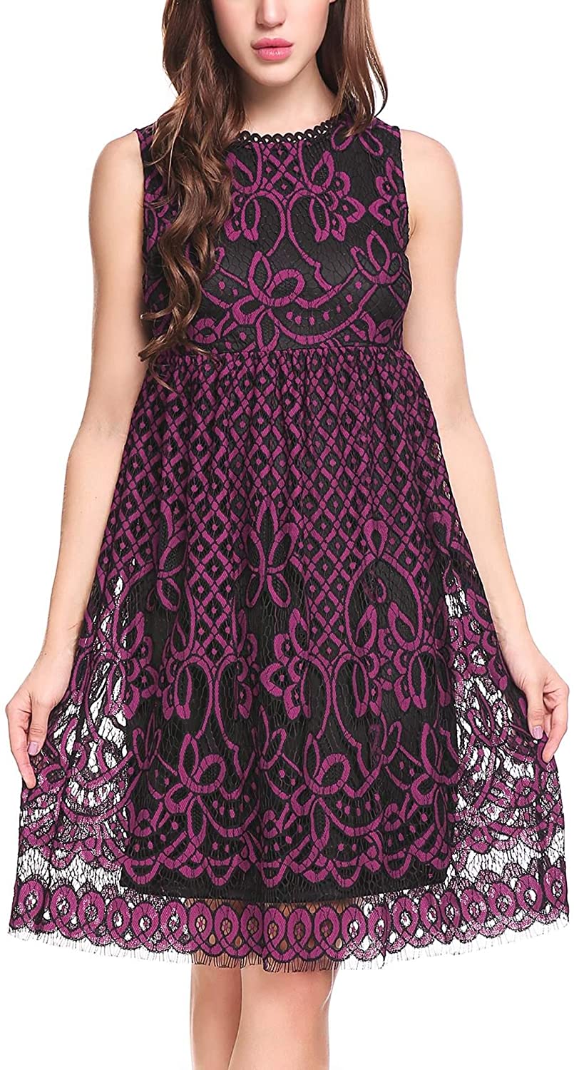 Price:$32.99    ELESOL Women Retro Floral Lace Sleeveless Slim Cocktail Party Mini Dress Fuchsia XL  Clothing