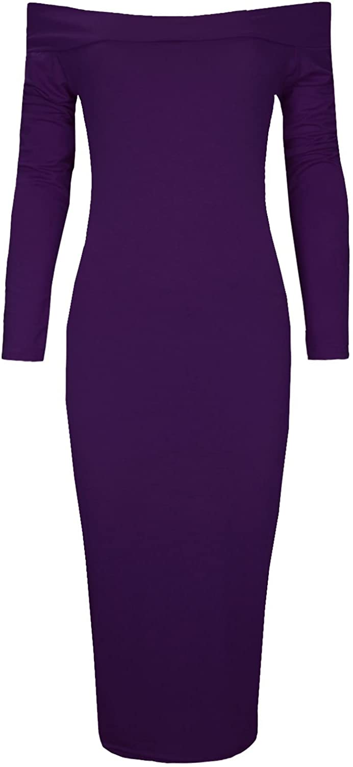 Price:$13.99 Oops Outlet Women's Plain Stretch Off The Shoulder Bardot Long Sleeve Midi Dress at Amazon Women’s Clothing store