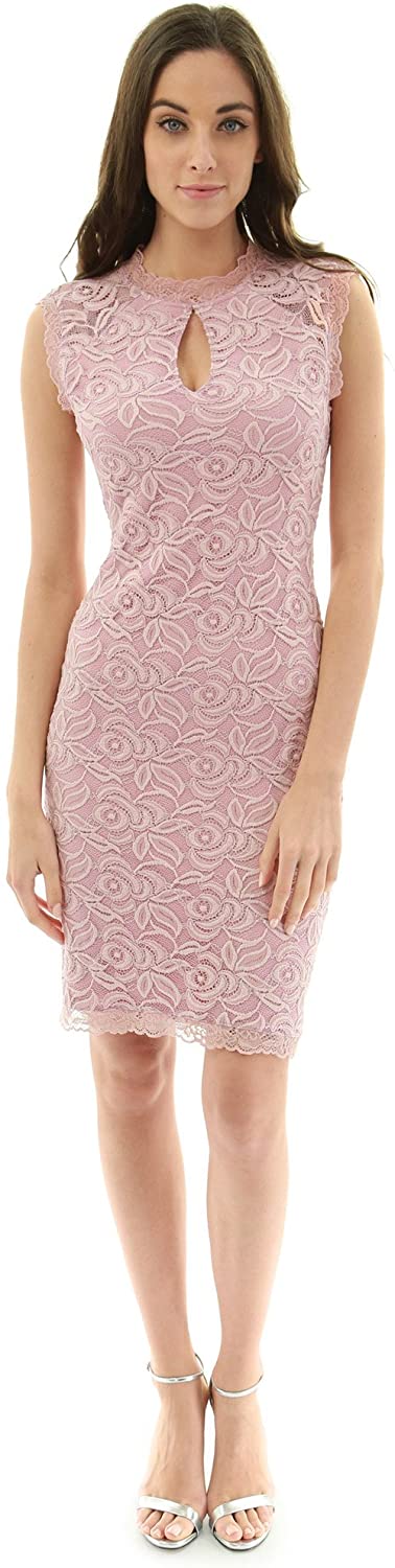 Price:$28.59    PattyBoutik Women Sleeveless Keyhole Floral Lace Sheath Dress (Pink Large)  Clothing