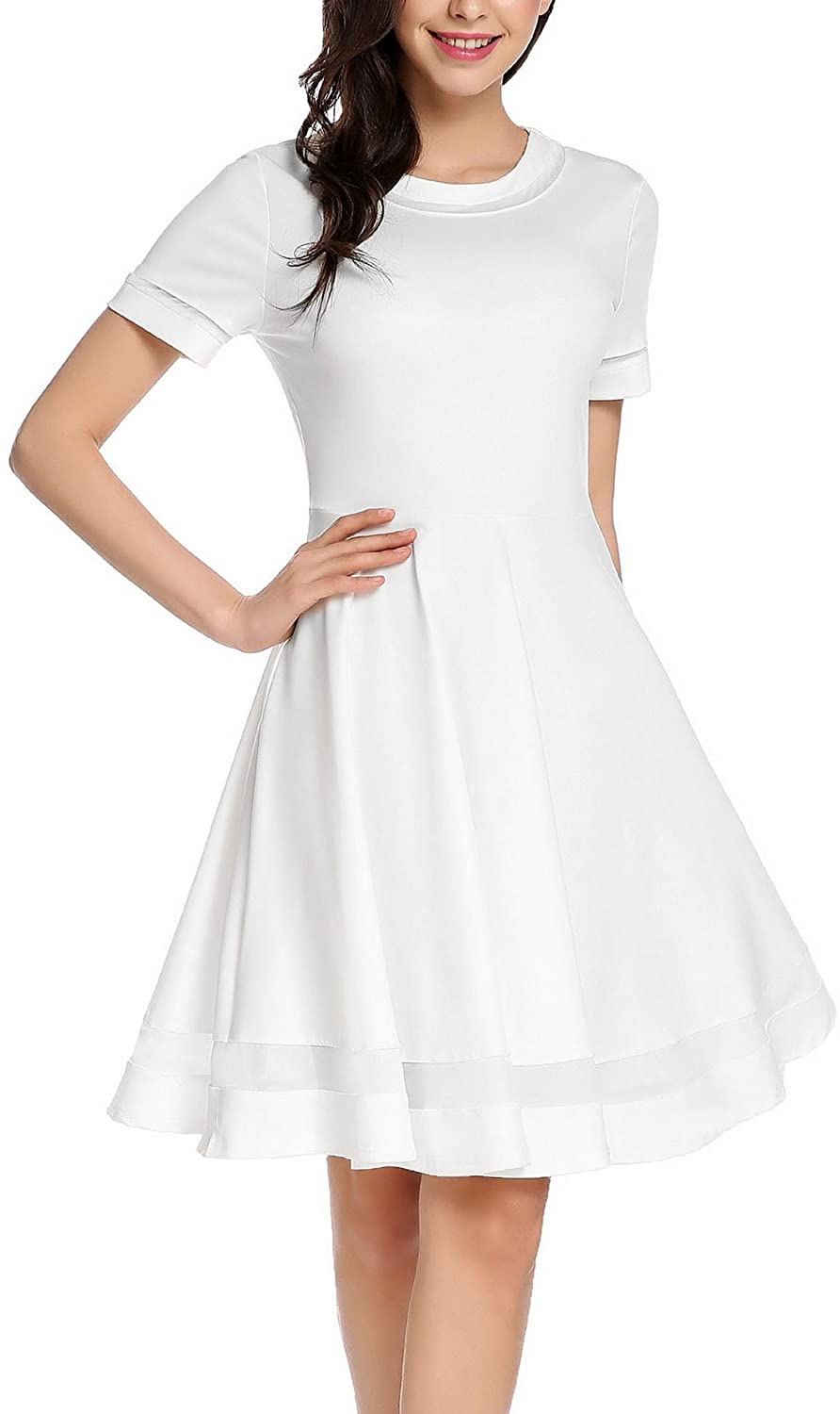 Price:$9.99    BEAUTYTALK Women's O-Neck Short Sleeve Mesh Patchwork A-line Pleated Swing Cocktail Party Dress  Clothing
