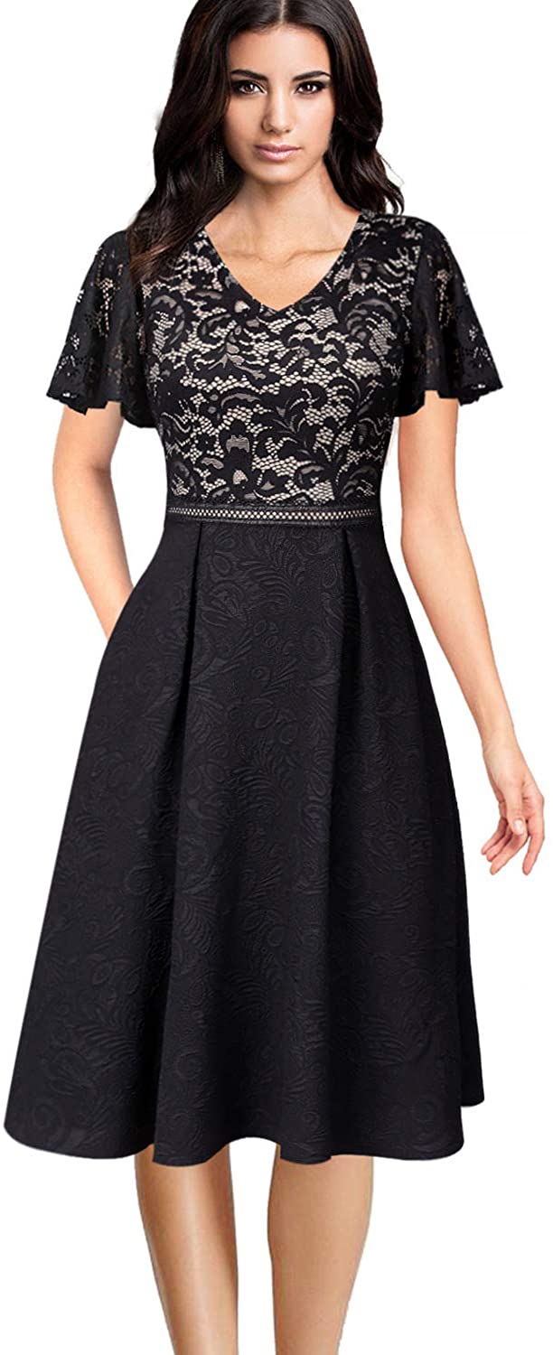 Price:$26.99    VFSHOW Womens Floral Lace V Neck Patchwork Pockets Pleated Cocktail Party A-Line Dress  Clothing