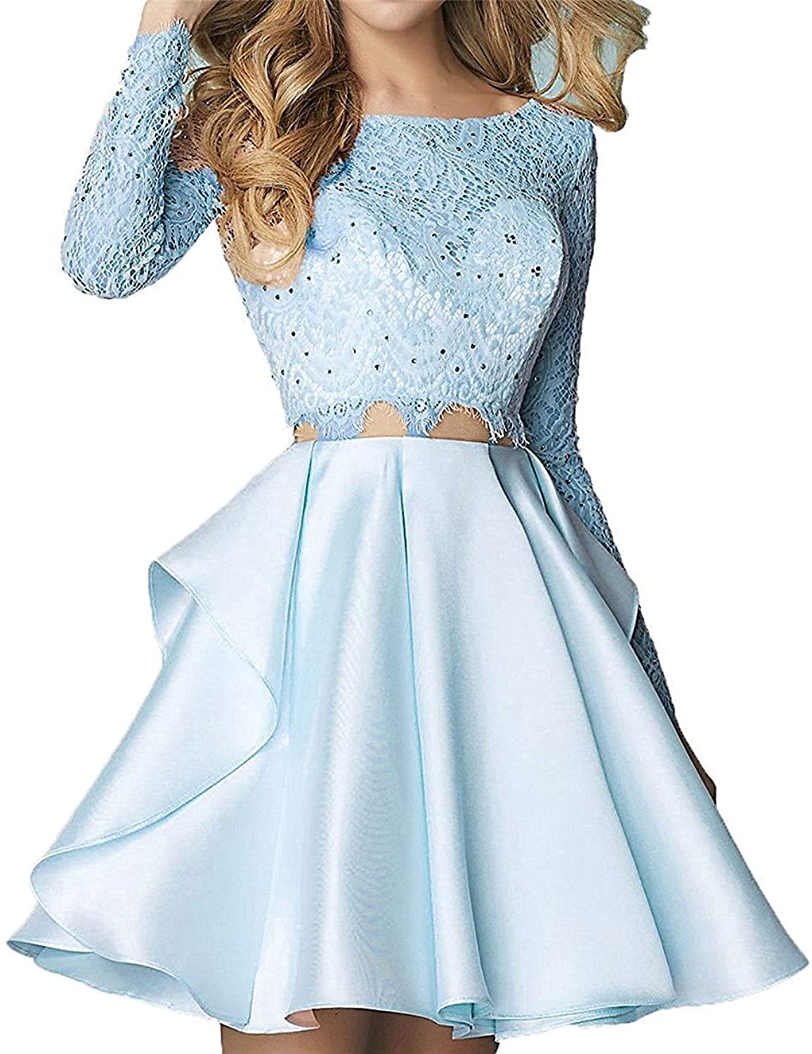 Price:$74.99    Sweetdress Women's Two Pieces Long Sleeve Lace Dress Backless Short Prom Dress  Clothing