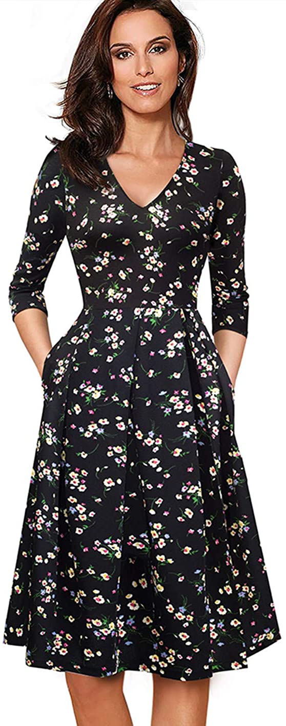 Price:$25.79    Merope J Womens 3/4 Sleeves Knee Length Vintage Flowy V Neck Dress with Pockets (L, Black Floral)  Clothing