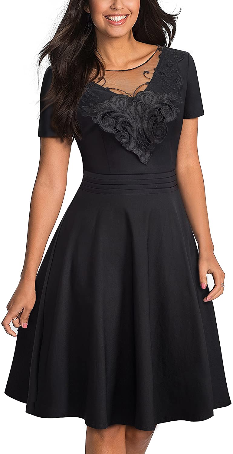 Price:$27.99 HOMEYEE Women's Short Sleeve Mesh Neck Party A Line Dress A084 at Amazon Women’s Clothing store