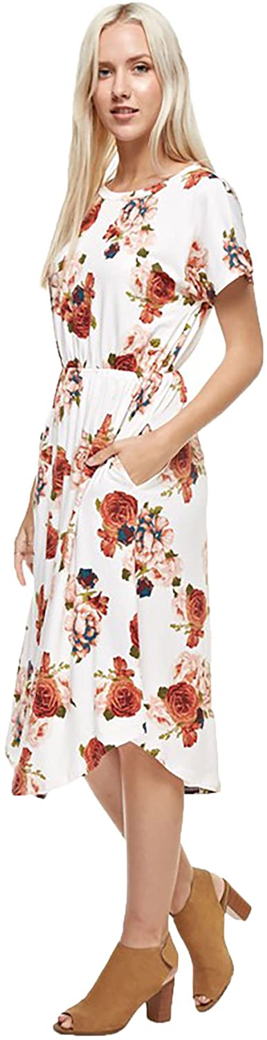 Price:$14.99 SHOPGLAMLA Floral Print Round Neck Hem Flared Short Sleeves Pocket Mid Dress. Made in USA at Amazon Women’s Clothing store