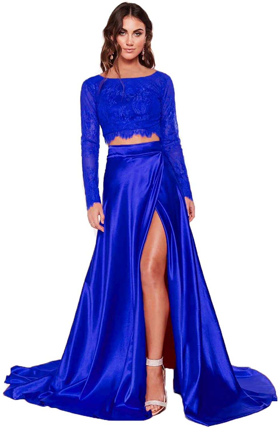Price:$72.99    Clothfun Satin Two Piece Prom Dresses 2020 Long Sleeve Evening Gowns for Women Formal Dresses Royal Blue-8  Clothing