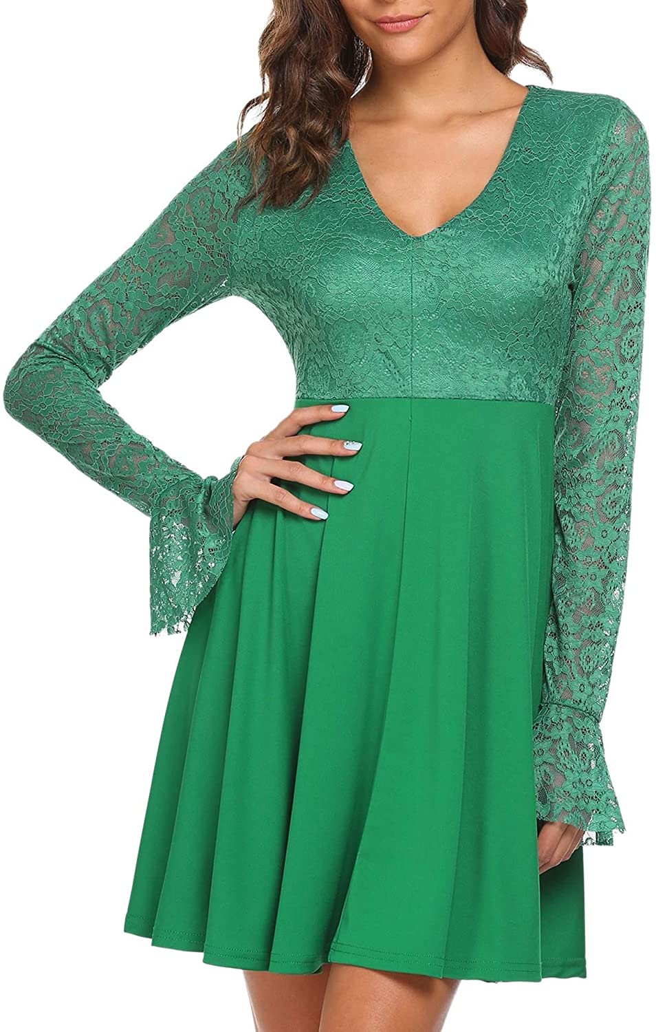 Price:$9.99    ACEVOG Women's V-Neck Bell Sleeve Floral Lace Patchwork A Line Skater Dress  Clothing