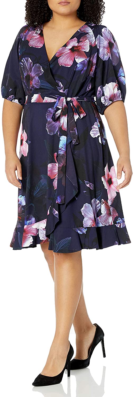 Price:$146.47    Adrianna Papell Women's Plus Size Floral Wrap Dress with Ruffle Hem, Plum Multi, 14  Clothing