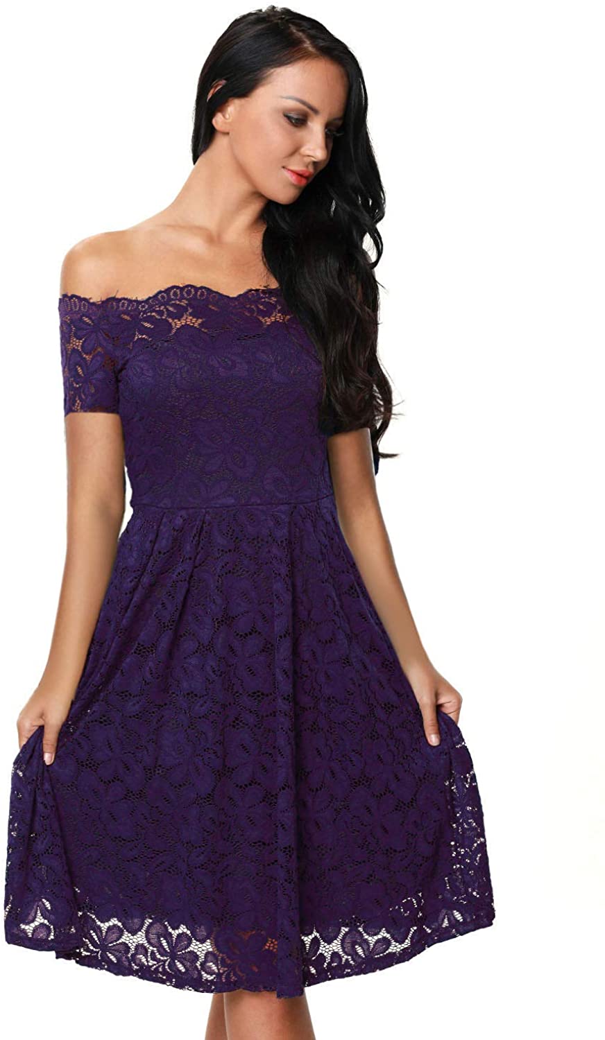 Price:$28.98    Fashion Women's Short Sleeve Off Shoulder Elegant Flared Lace Cocktail Party Dress Purple XX-Large  Clothing