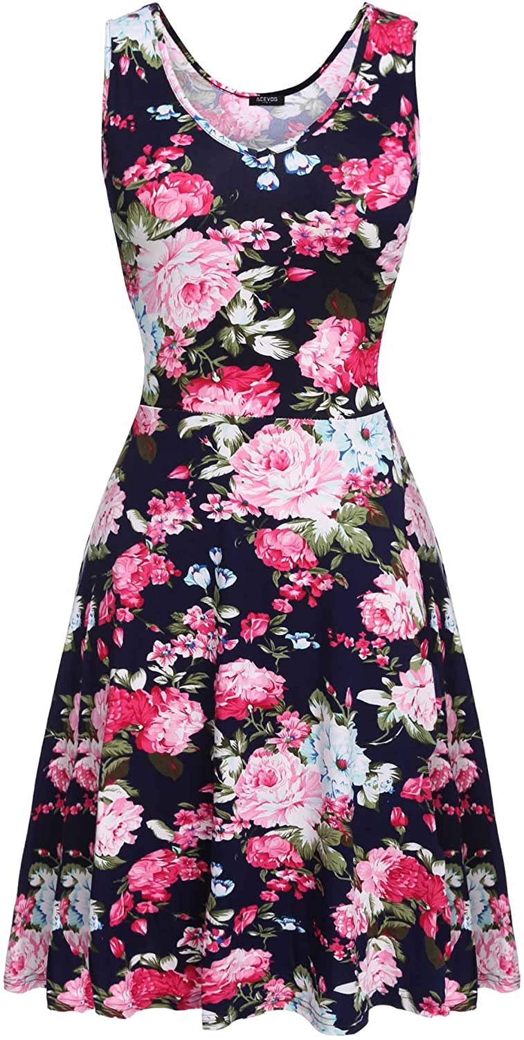 Price:$15.19 ACEVOG Womens Floral Sleeveless Round Neck Casual A Line Party Cocktail Beach Swing Dress at Amazon Women’s Clothing store