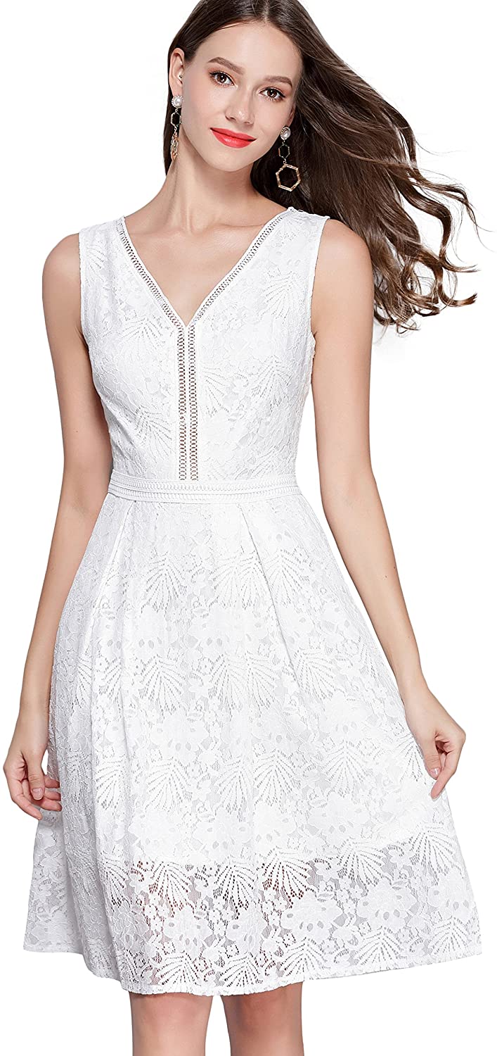 Price:$20.00    VEIIASR Women's Vogue Lace V-Neck Chic Cocktail Party Sleeveless Dress  Clothing