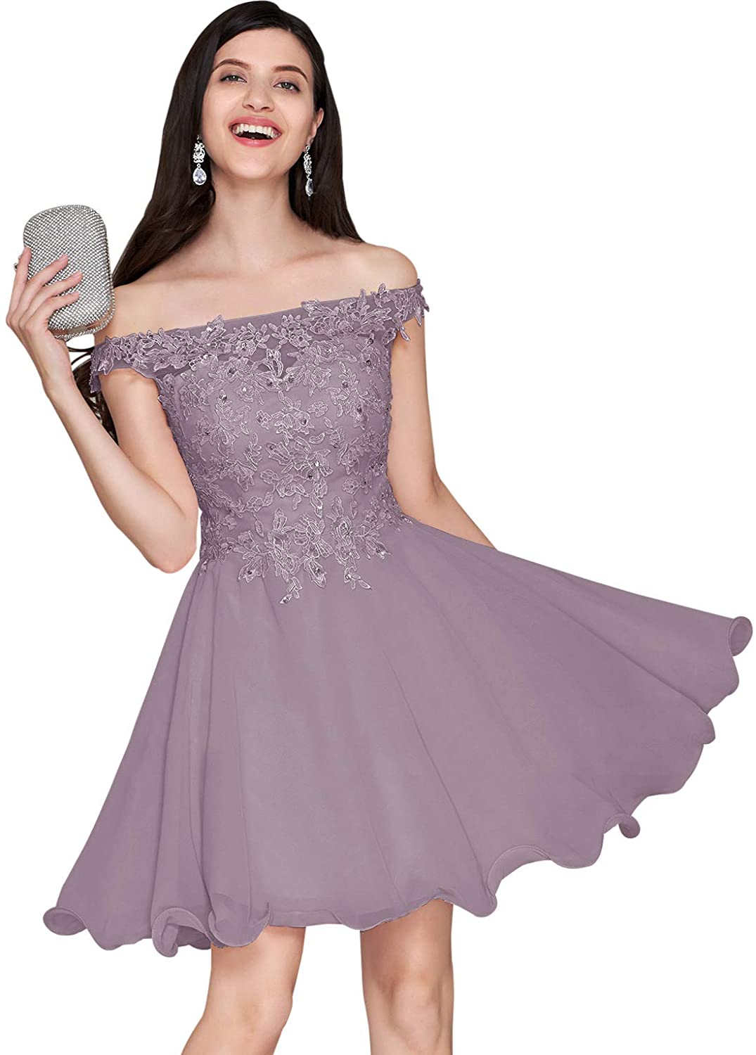 Price:$69.90    Women's Off The Shoulder Chiffon Evening Cocktail Dress Knee Length Bridesmaid Dress Wisteria Size 4  Clothing