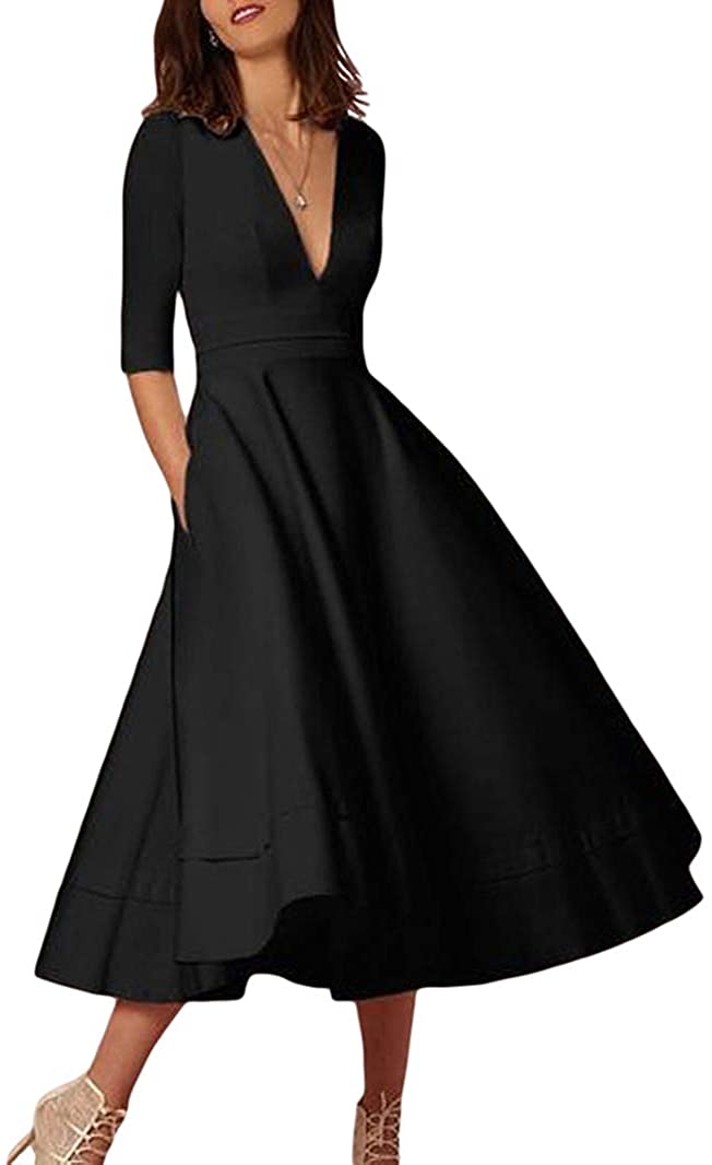 Price:$20.88 BOFETA Womens Half Sleeve Deep V Neck Cocktail Dress High Waist Swing Midi Dress with Pockets at Amazon Women’s Clothing store