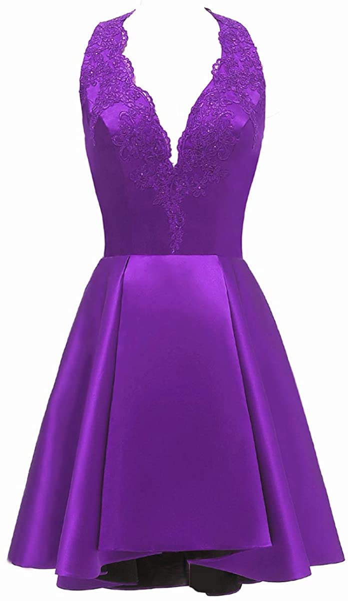 Price:$69.00    SZJMS Short Halter Satin Homecoming Dress A-Line Appliques Formal Prom Cocktail Gown for Junior PDD034  Clothing