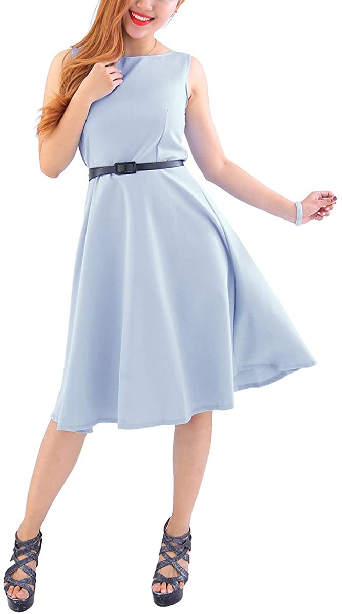 Price:$15.88    YMING Women's Summer Sleeveless Swing Dresses Vintage Cocktail Midi Solid Dress with Belt  Clothing