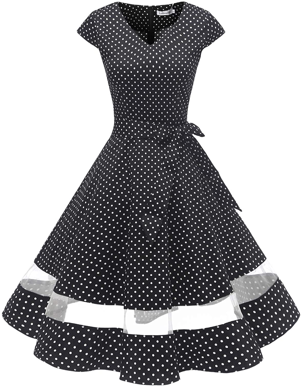 Price:$19.99    Gardenwed Women's 1950s Rockabilly Cocktail Party Dress Retro Vintage Swing Dress Cap-Sleeve V Neck Black Small White Dot XS  Clothing
