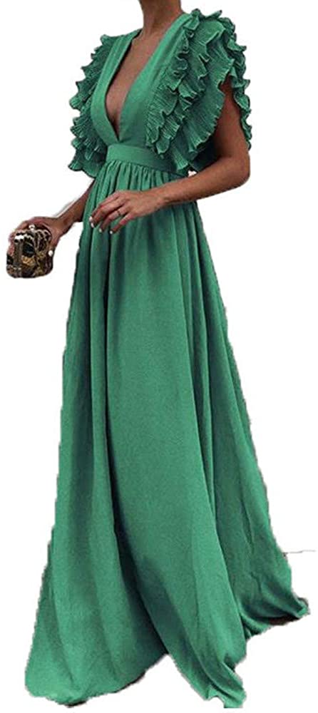 Price:$11.09    AKIMPE Women Plus Size Solid Vintage Fly Sleeve Back Hollow V-Neck Long Party Dress  Clothing