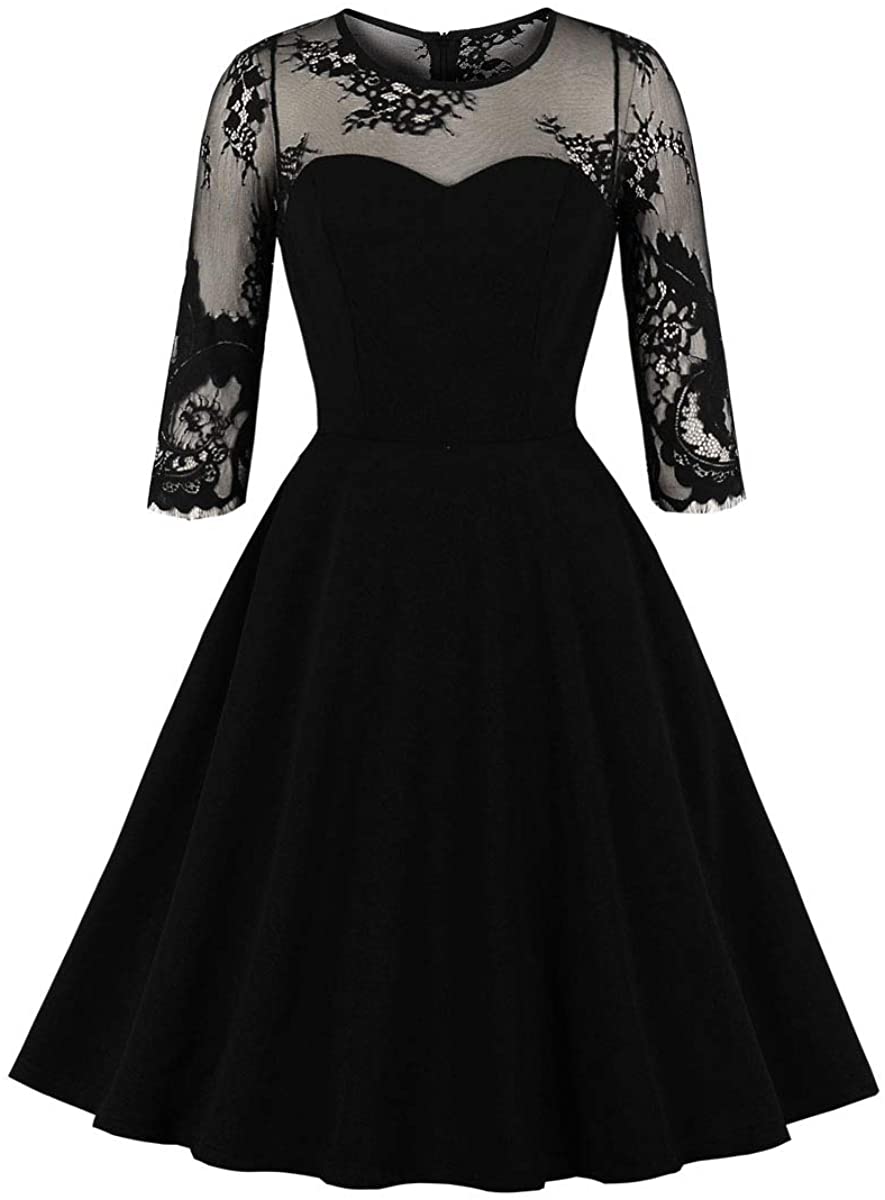 Price:$15.99 Wellwits Women's See Through 3/4 Sleeves Floral Mesh Party Vintage Swing Dress at Amazon Women’s Clothing store