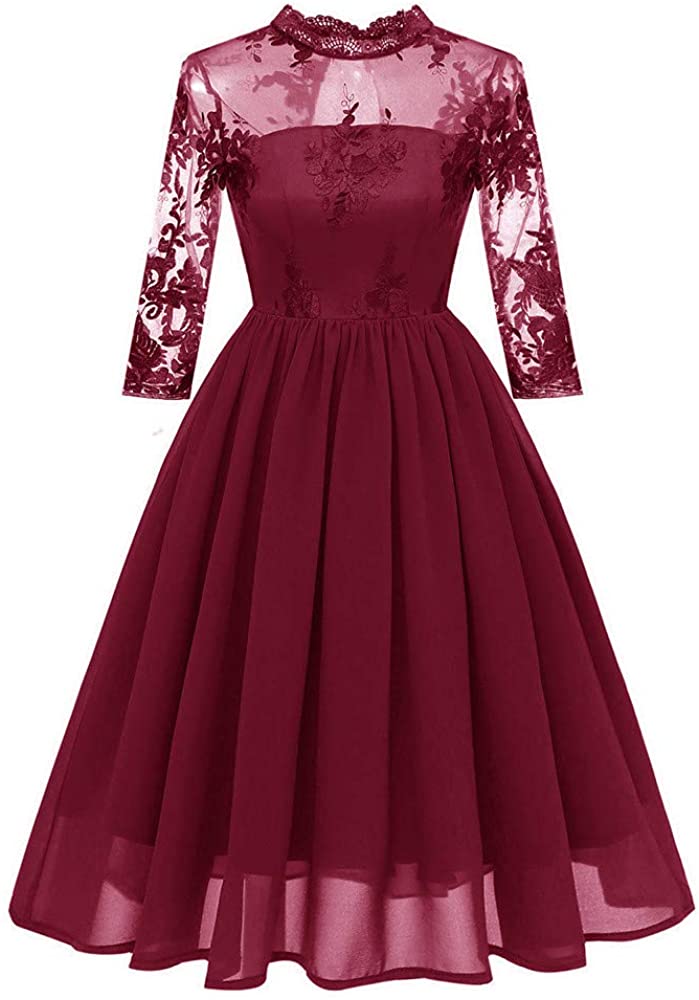 Price:$18.78    Dresses for Women Vintage Scoop Neck Floral Lace 3/4 Sleeve A-line Pleated Wing Cocktail Dress (L, Wine6)  Clothing