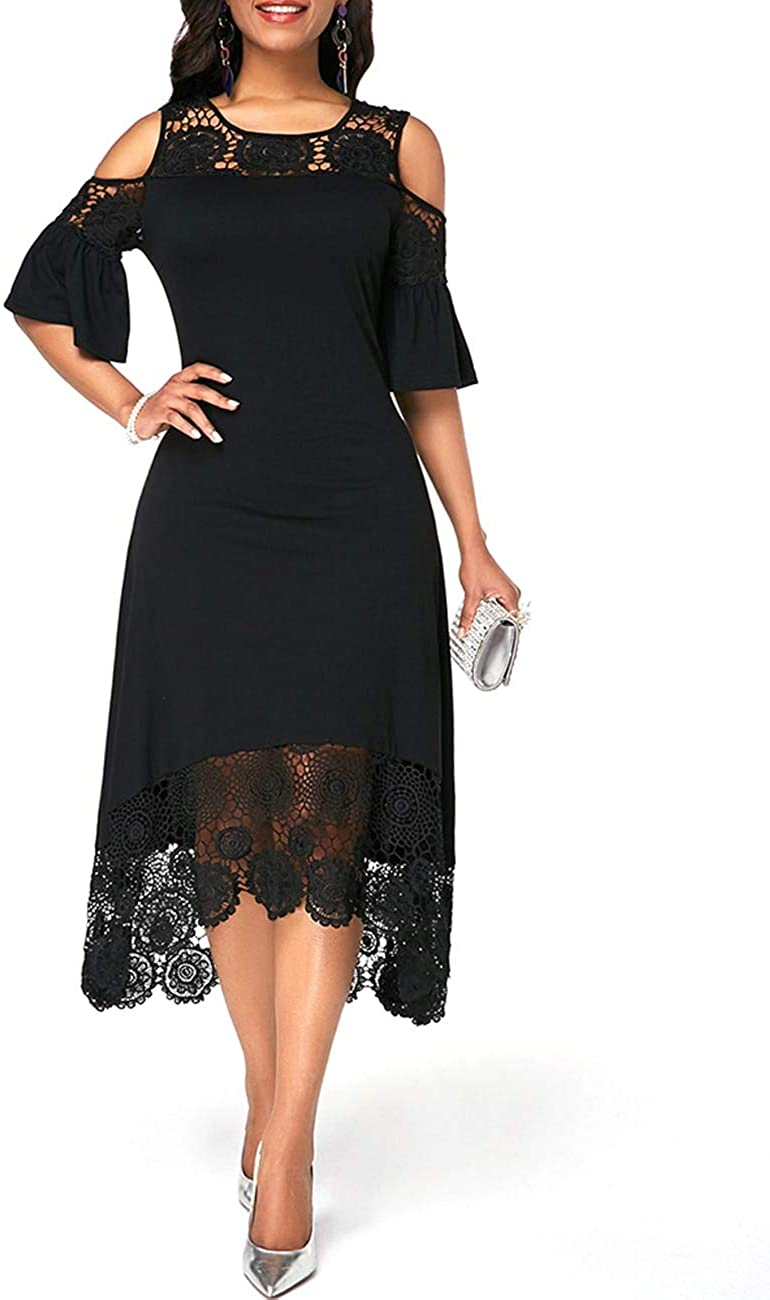 Price:$20.99 PICK YOUR LOOK Women's Cold Shoulder Midi Dress Lace Hollow Asymmetrical Cocktail Dress at Amazon Women’s Clothing store