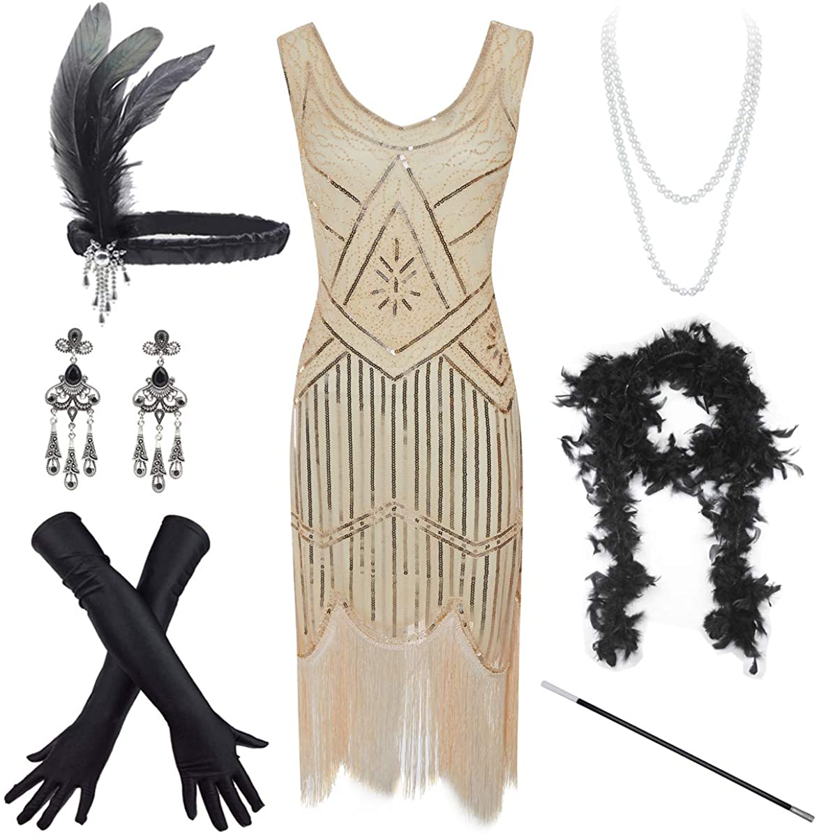 Price:$46.90 Women's Vintage 1920s Sequin Beaded Tassels Hem Flapper Dress w/Accessories Set at Amazon Women’s Clothing store