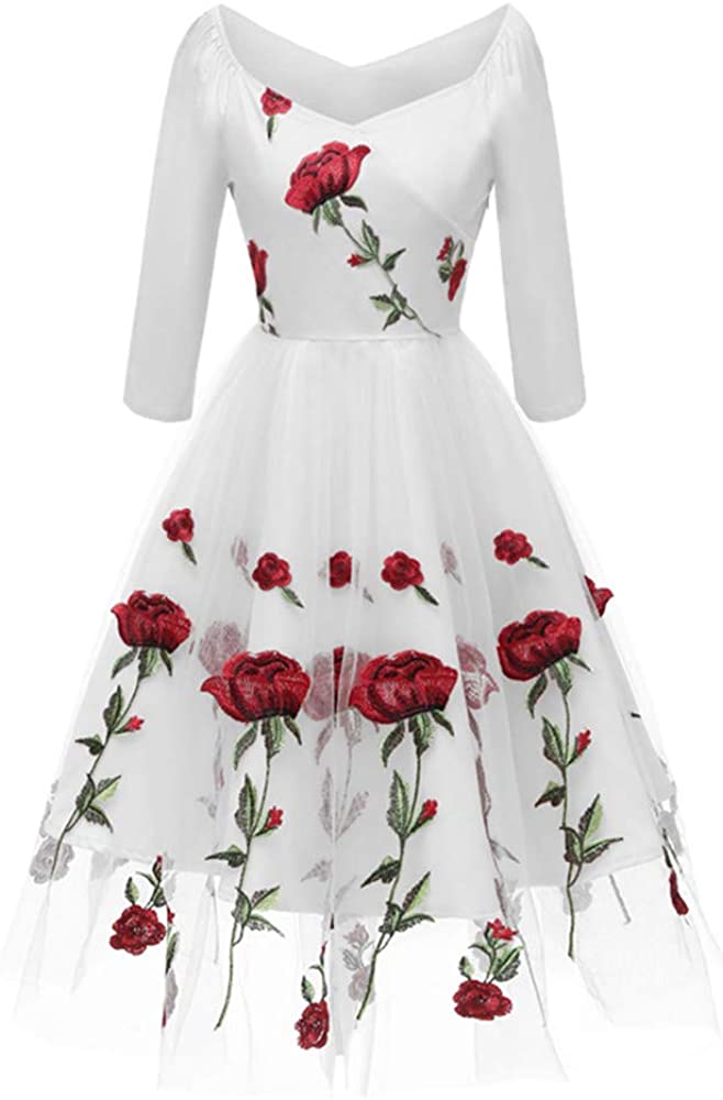 Price:$17.11    kaifongfu Women Lace V-Neck Dress Lace Embroidery Party Swing Cocktail Dress  Clothing