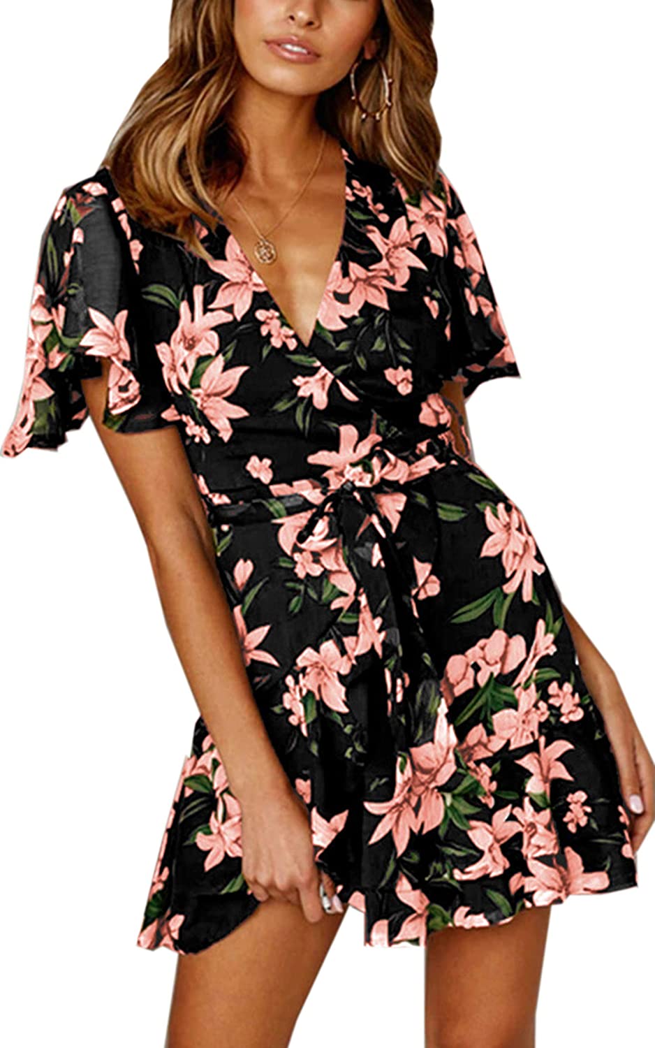 Price:$21.99 Angashion Women's Floral Short Sleeve Wrap V Neck Ruffle Mini Dress with Belt at Amazon Women’s Clothing store