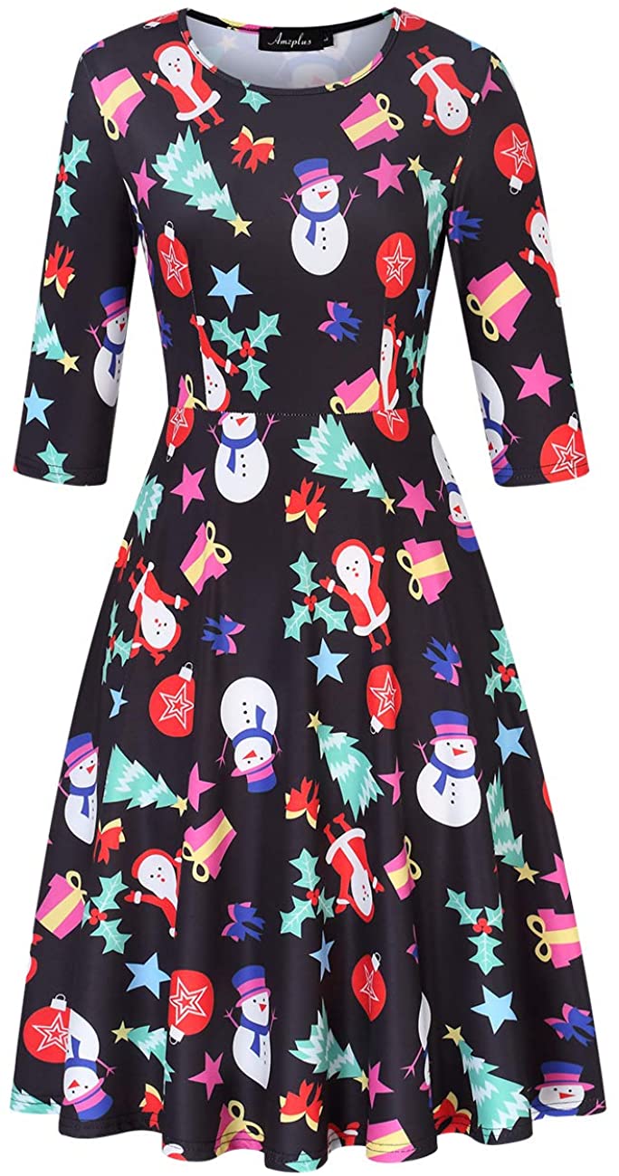 Price:$4.99 Women Ugly Christmas Xmas Dress Plus Size 3/4 Sleeve Casual Aline Party Dress at Amazon Women’s Clothing store