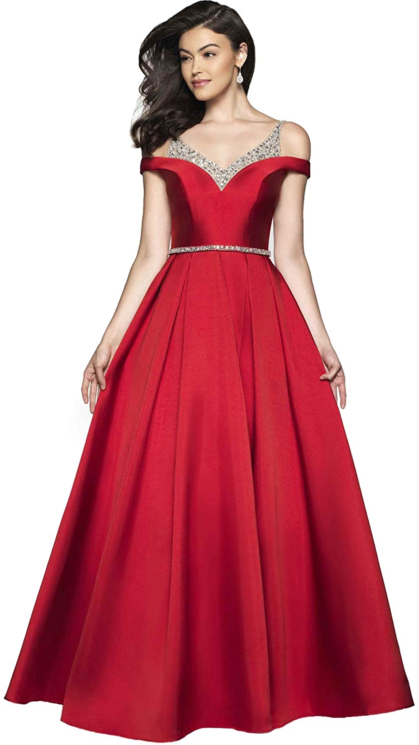 Price:$19.99 YGSY Women's Cold Shoulder V Neck Pleated Satin A-line Evening Prom Dress Long Formal Party Gown with Beaded Bodice at Amazon Women’s Clothing store