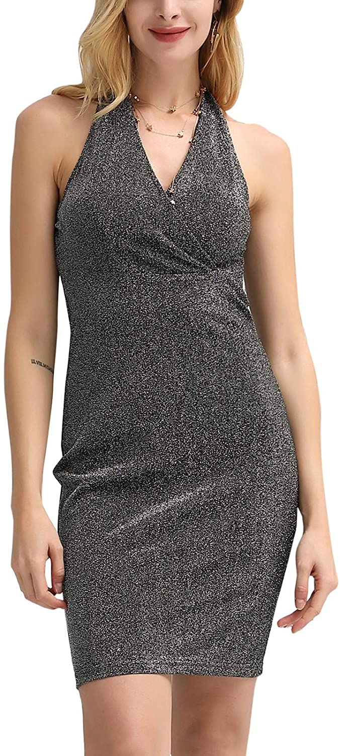 Price:$16.99    Women Sexy Shiny Halter Backless Bodycon Cocktail Party Club Dress Black, 2XL  Clothing