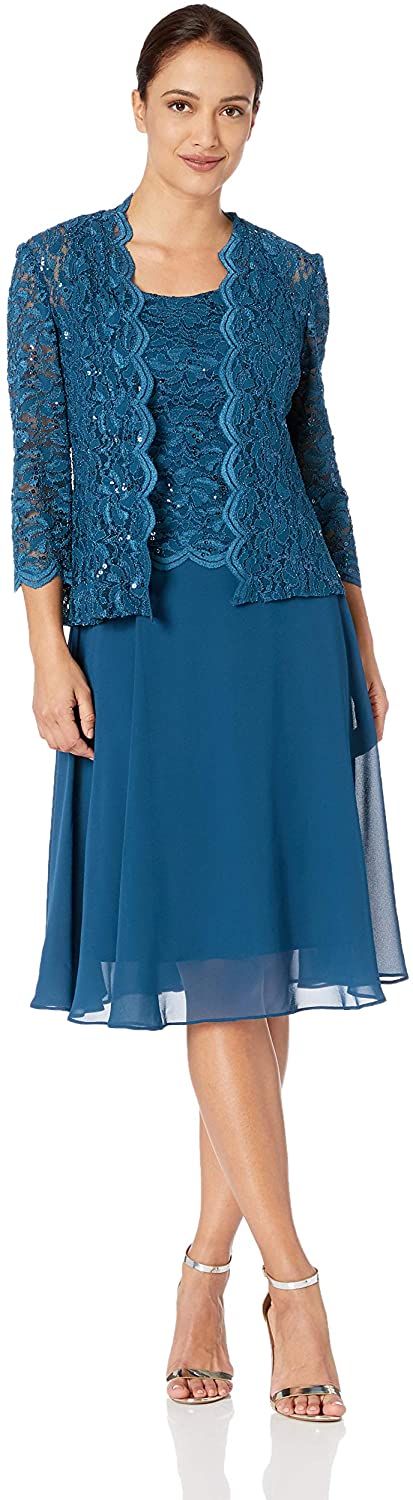 Price:$79.99 Alex Evenings Women's Tea Length Lace and Chiffon Jacket Dress (Petite Regular) at Amazon Women’s Clothing store