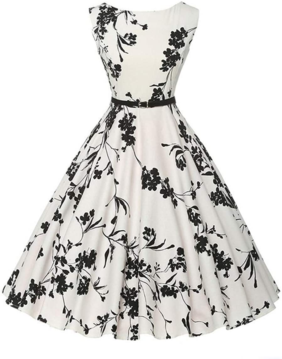 Price:$17.99    ChenXi Store Women Round Neck Audrey Hepburn 50s Vintage Elegant Floral Rockabilly Swing Cocktail Party Dress(White,XL)  Clothing