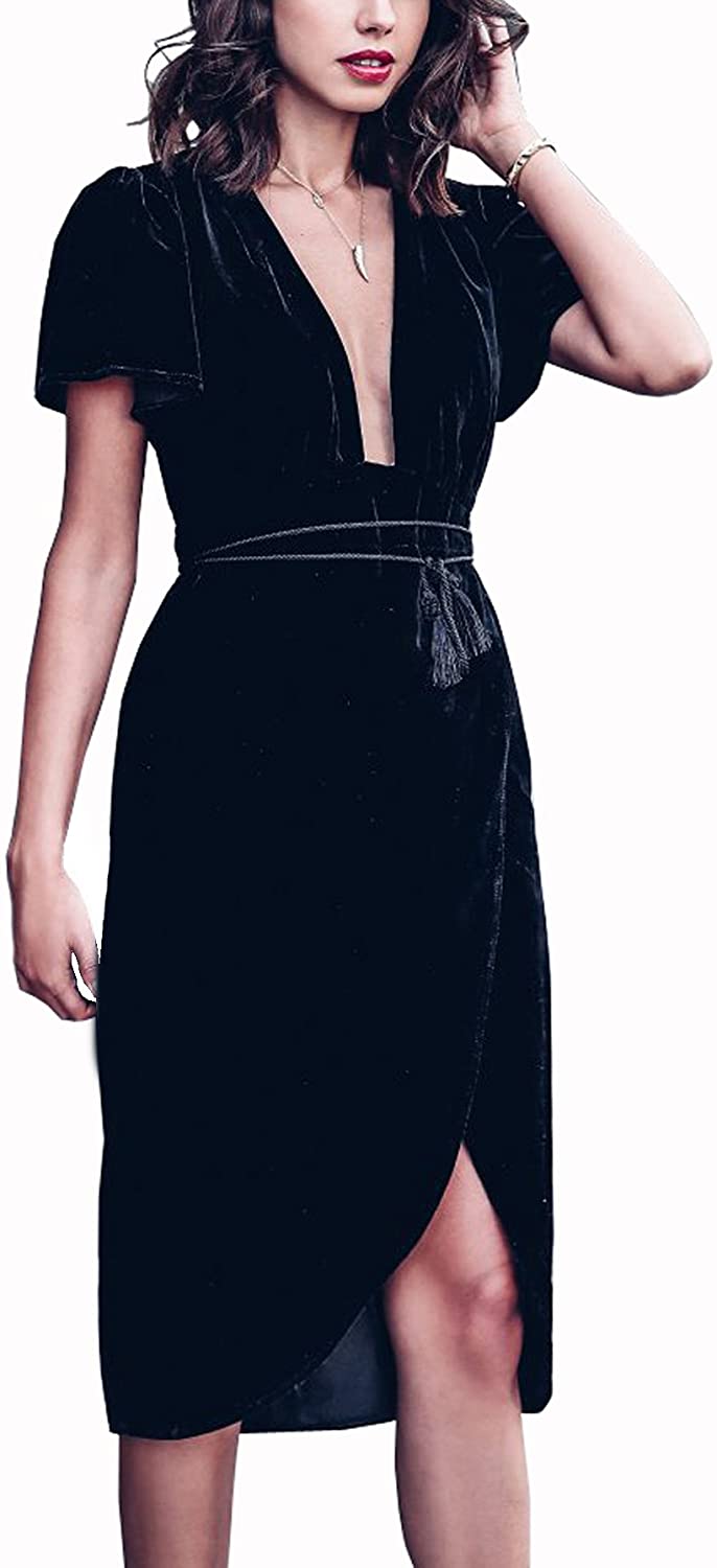 Price:$22.99    R.Vivimos Womens Velvet Elegant Deep V Neck Short Sleeve High Low Midi Dresses  Clothing
