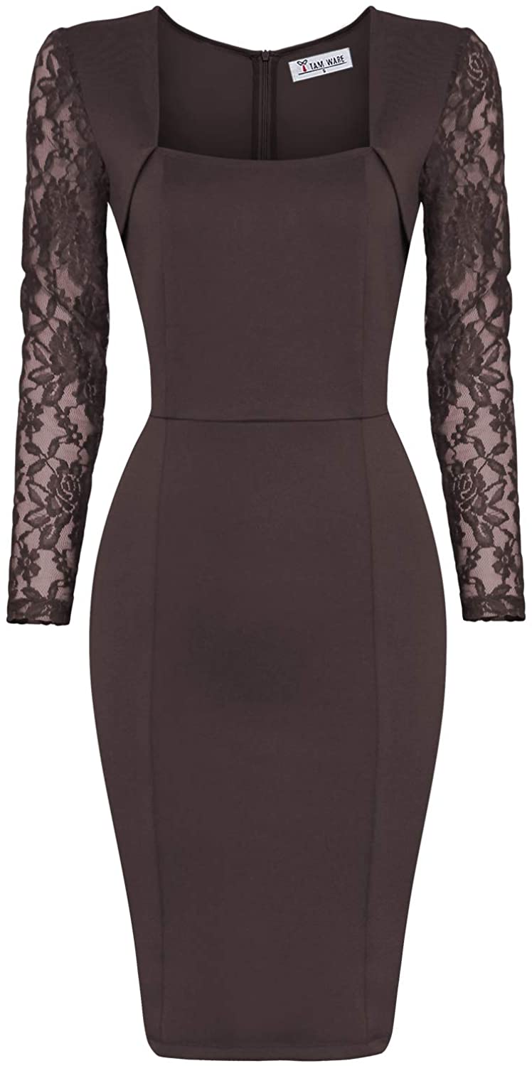 Price:$21.99    TAM WARE Womens Stylish Lace Long Sleeve Bodycon Zip Midi Dress  Clothing