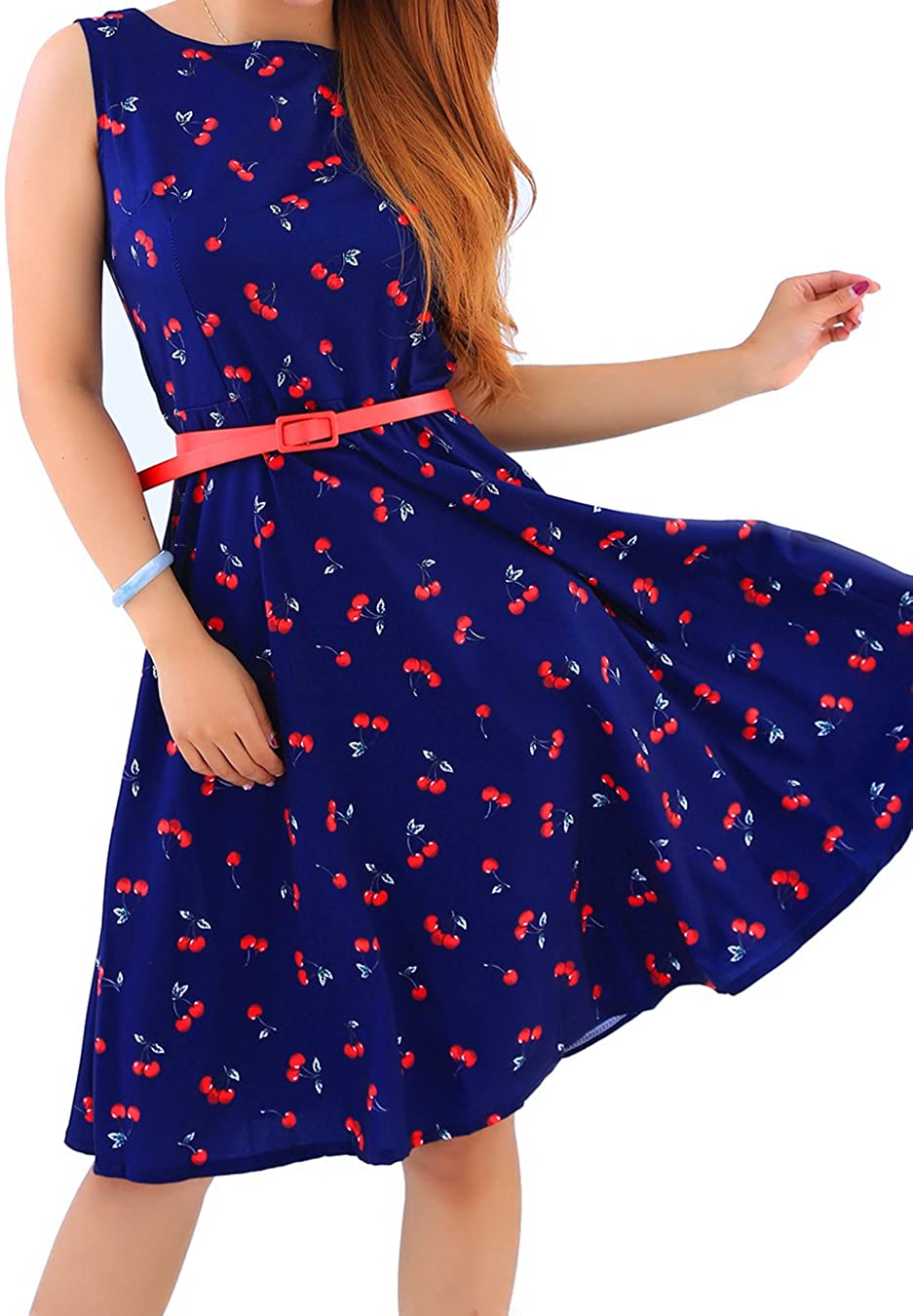 Price:$18.99 EFOFEI Womens Floral Printed Sleeveless Vintage Swing Summer Midi Party Retro Dress at Amazon Women’s Clothing store