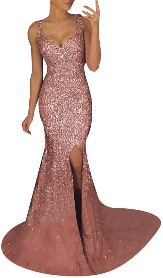 Price:$18.99    WensLTD Womens Sexy Sequins Slit Evening Prom Gown Elegant Formal Dress (S, Pink)  Clothing