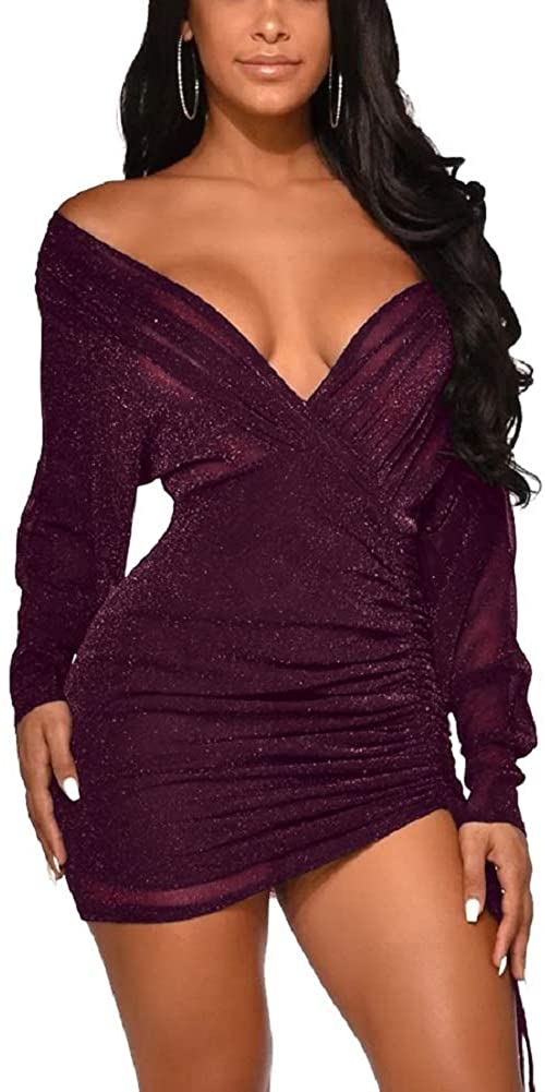 Price:$25.99    Haloladies Womens Sexy See Through Sheer Mesh Deep V Neck Long Sleeve Bodycon Ruched Drawstring Cocktail Party Mini Dress  Clothing