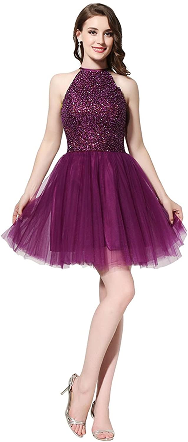 Price:$69.00    HONGFUYU Cocktail Party Dress A-line High Neck Short Mini Lace Tulle with Appliques  Clothing