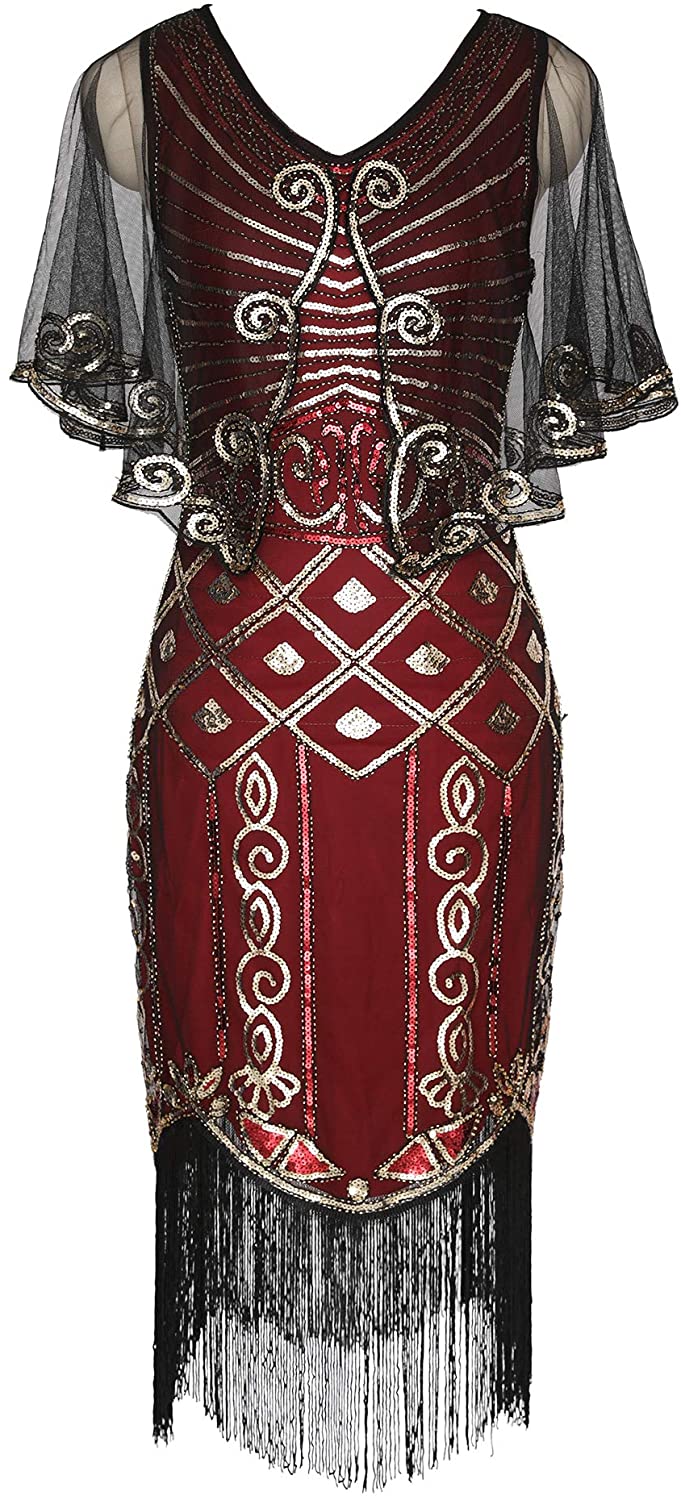 Price:$38.88    1920s Flapper Dress with Sequined Cape Roaring 20s Gatsby Beaded Dress Shawl Deco Art Deco Dress  Clothing