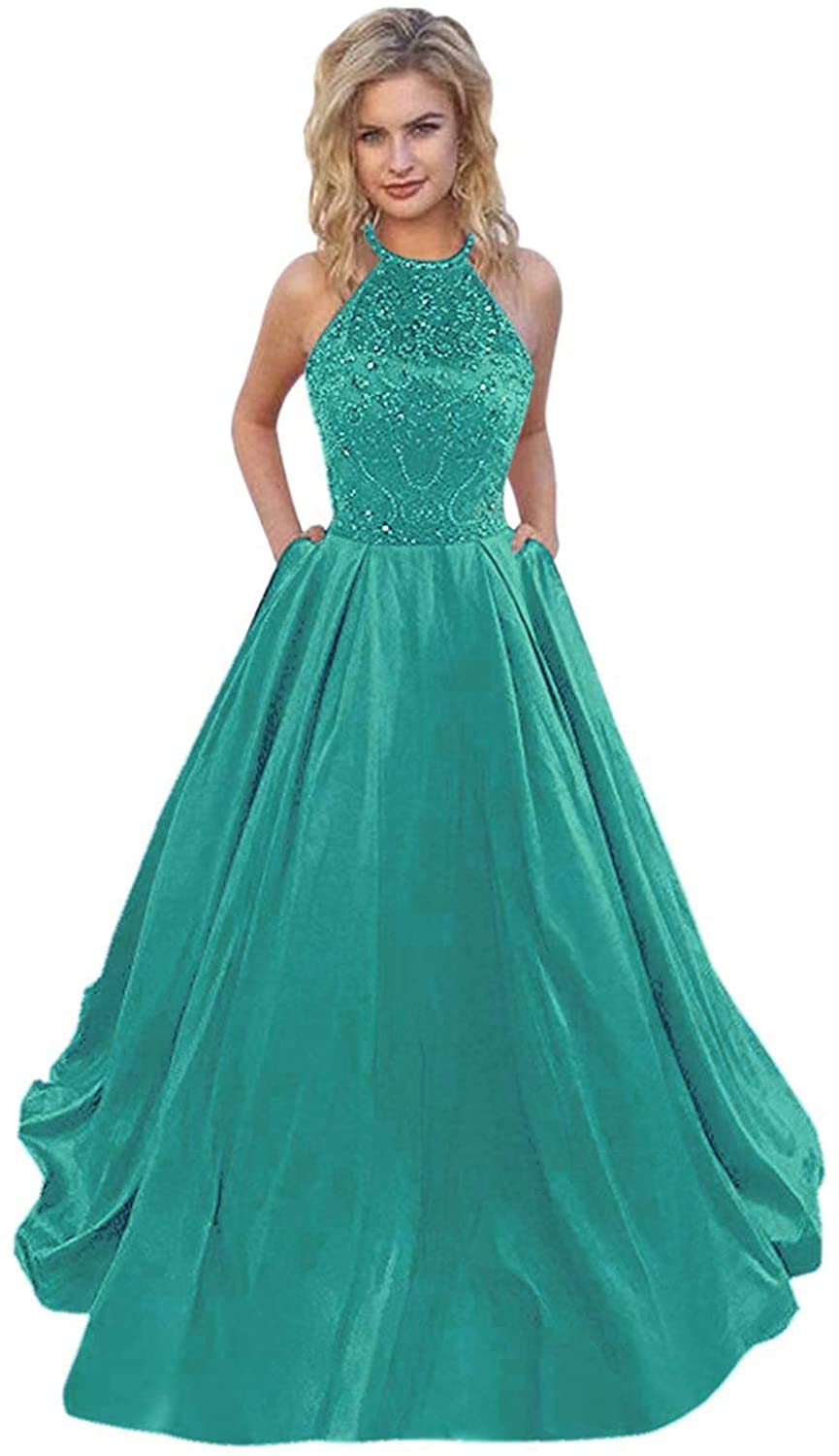 Price:$128.99    Lnxianee Women's Halter Beaded Prom Dresses Long Formal Satin Party Evening Gowns Turquoise  Clothing